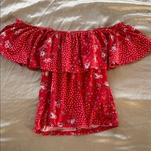 cute red off the shoulder t shirt